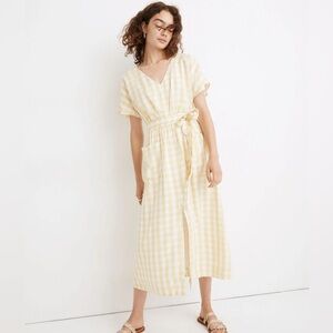 Madewell Dolman-Sleeve Tie-Waist Midi Dress in Gingham Check yellow white NWT